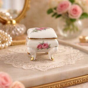 Vintage Mini Porcelain Trinket Box Floral Rose Vanity Stool Japan